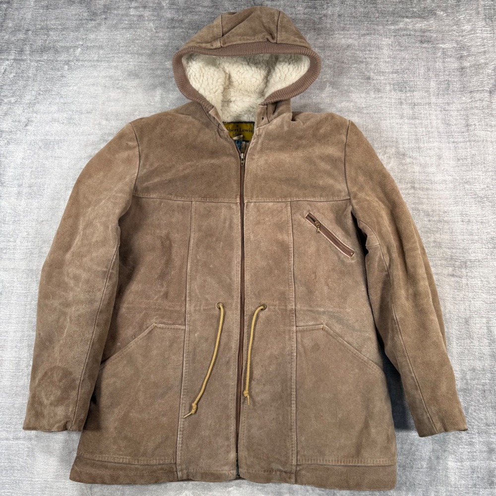 Robert Lewis Jacket Women 42 Brown Vintage 70s Suede Parka Hooded Shearling